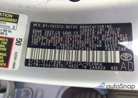 2015 Toyota Corolla Le z USA, uszkodzony, nr VIN 2T1BURHE1FC418471